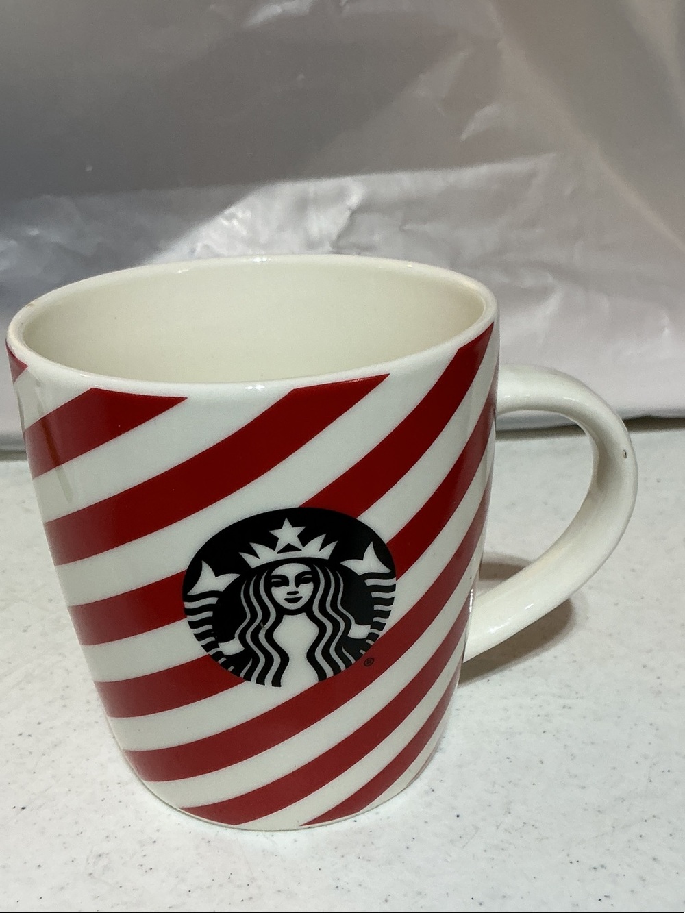 Starbucks Red & White Candy Cane Stripe Mug with Black Logo 12oz